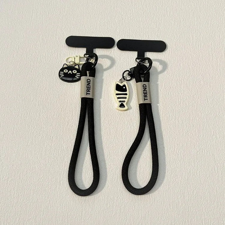 ins手工猫咪咸鱼小吊坠英文标签编织绳短款手机挂绳夹片ccd挂件女