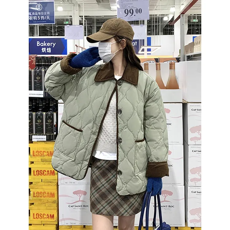 撞色翻领菱格棉服女冬季2024新款韩系超好看轻薄小棉袄二棉外套潮