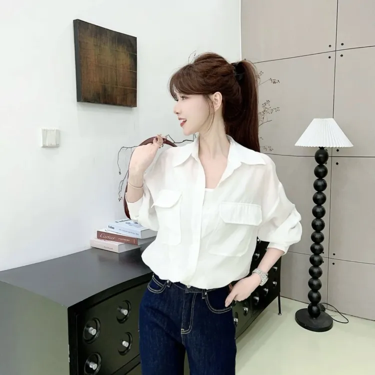时尚百搭新款翻领2025背心衬衣假两件套秋设计时尚上衣长袖衬衫女