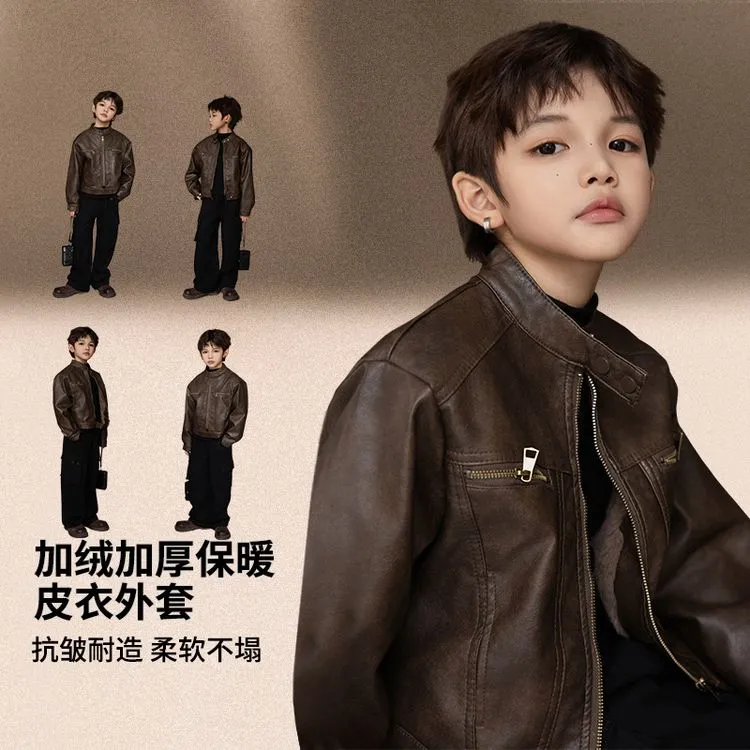 男童加绒皮衣儿童装冬季皮毛一体外套2024新款中大童酷帅保暖上衣