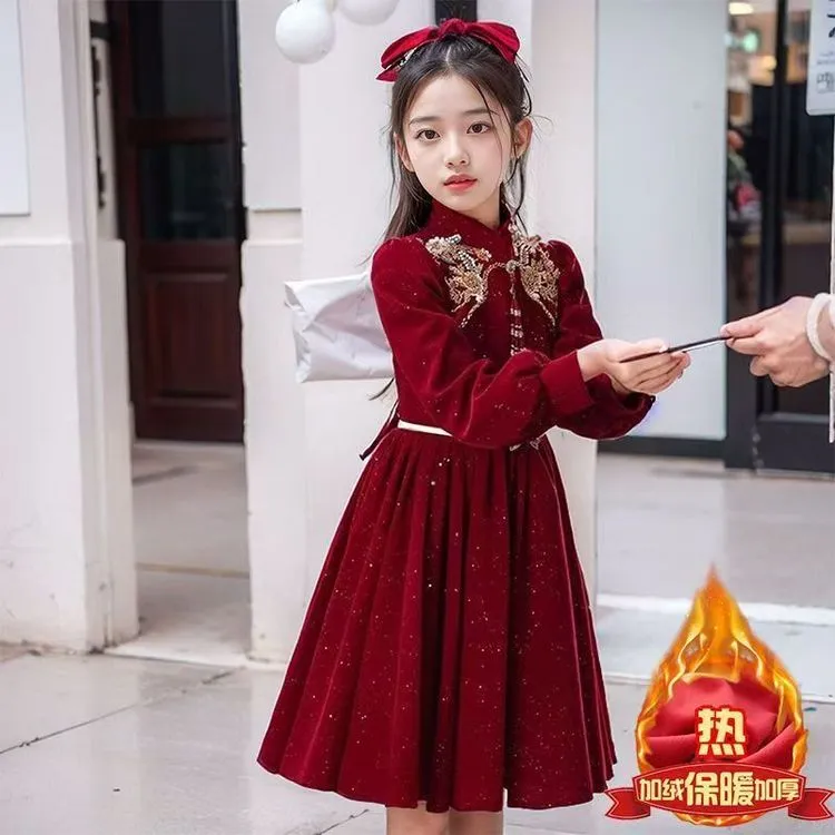 女童连衣裙2025新款秋冬中大儿童中国风礼服洋气秋冬加绒红色裙子