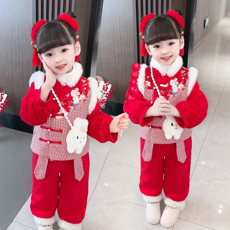 女童汉服冬装新款过年唐装儿童新中式周岁宝宝加绒加厚拜年服套装