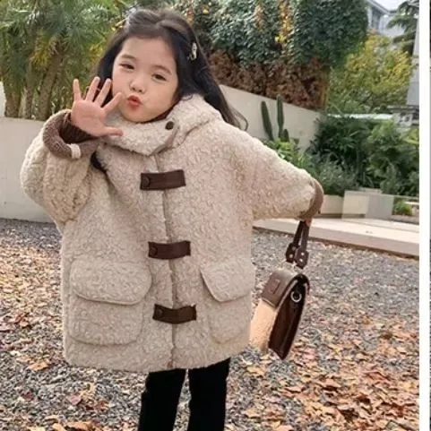 新疆包邮女童秋冬外套女孩羊羔绒加厚加绒中长款连帽大衣女宝宝韩