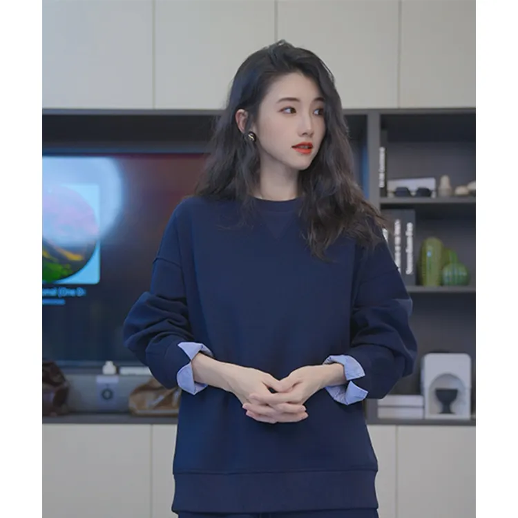 小乖逃X雅丹单件藏蓝卫衣 拼接假两件百搭休闲条纹袖净色版 Q6600