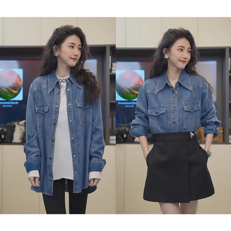 小乖逃X高级感蓝色衬衫水洗牛仔休闲拼接牛仔衬衫复古百搭8115