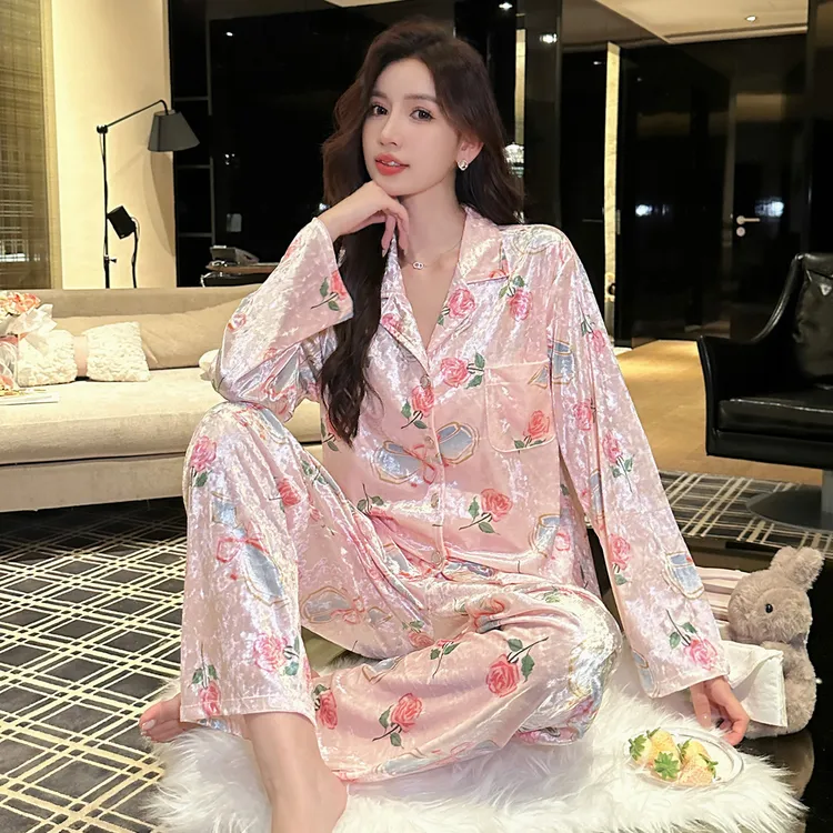 新款秋冬季女士金丝绒睡衣套装长袖长裤家居服韩版甜美花卉可外穿