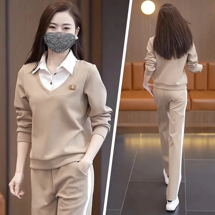 休闲运动套装女春秋洋气时尚小个子拼接衬衣领减龄显瘦卫衣两件套