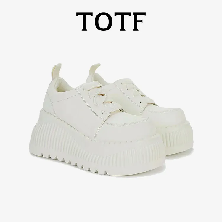 TOTF时尚百搭厚底松糕鞋女2024秋冬新款系带真皮小个子增高休闲鞋