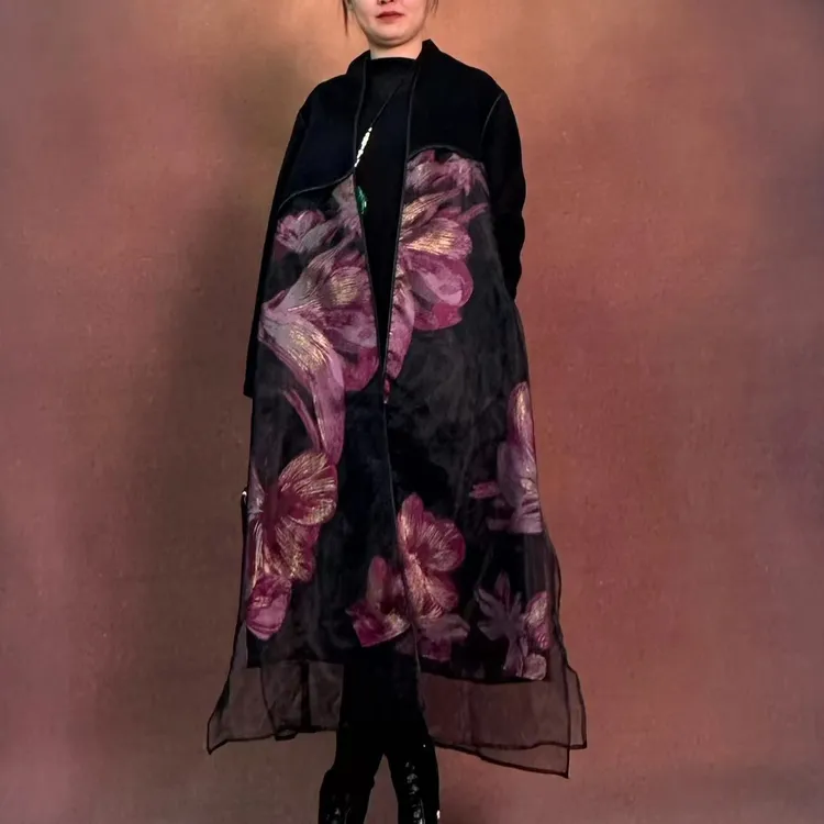 【山海轻奢】W23742新款满花刺绣拼纱设计师时尚大衣