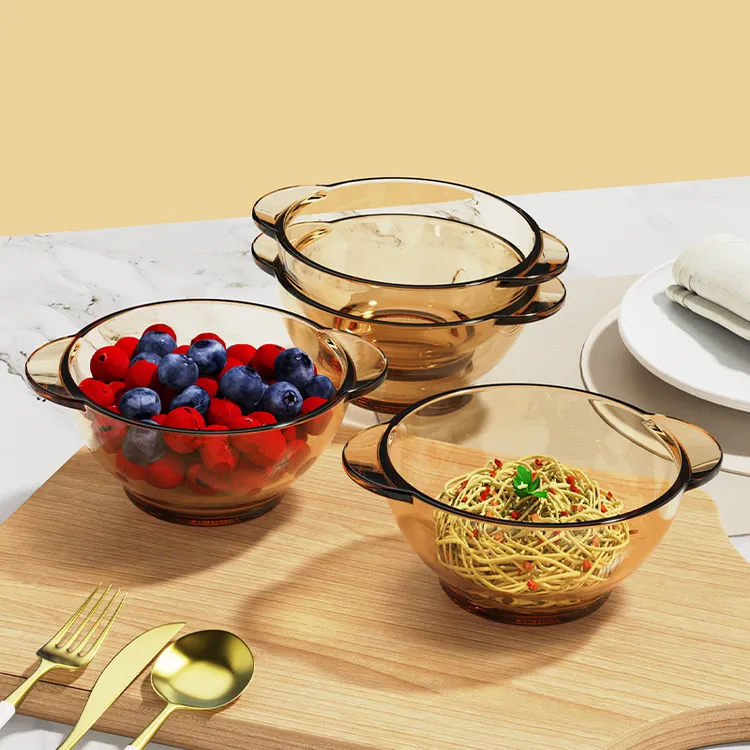 媚家 琥珀原色高硼硅玻璃双耳碗家用耐高温微波炉烤箱专用米饭碗