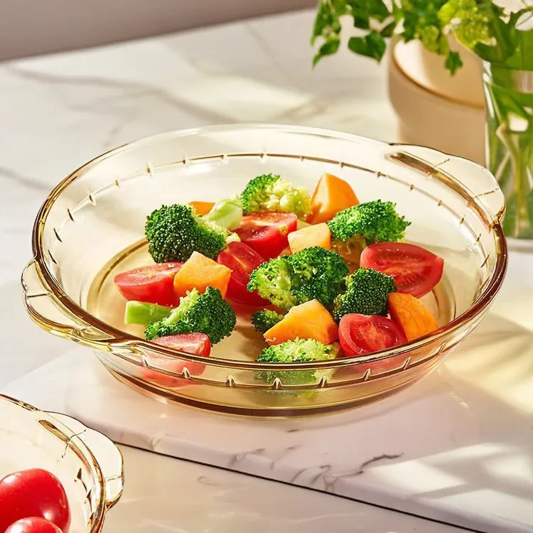 媚家两只8英寸琥珀原色鲍鱼盘家用大号玻璃双耳可微波炉烤箱专用