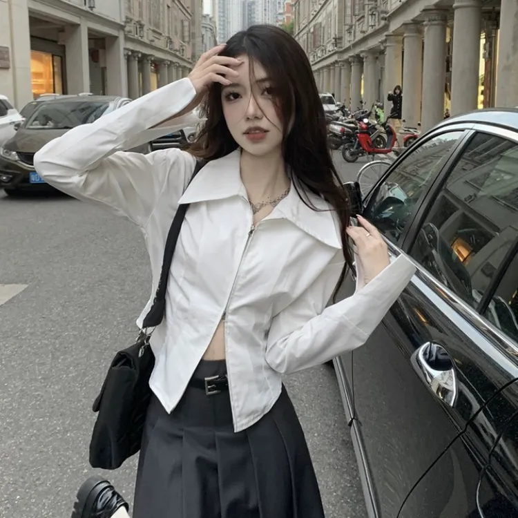 纯欲辣妹双拉链白色衬衫女长袖2023秋季新款拉链翻领修身显瘦衬衣