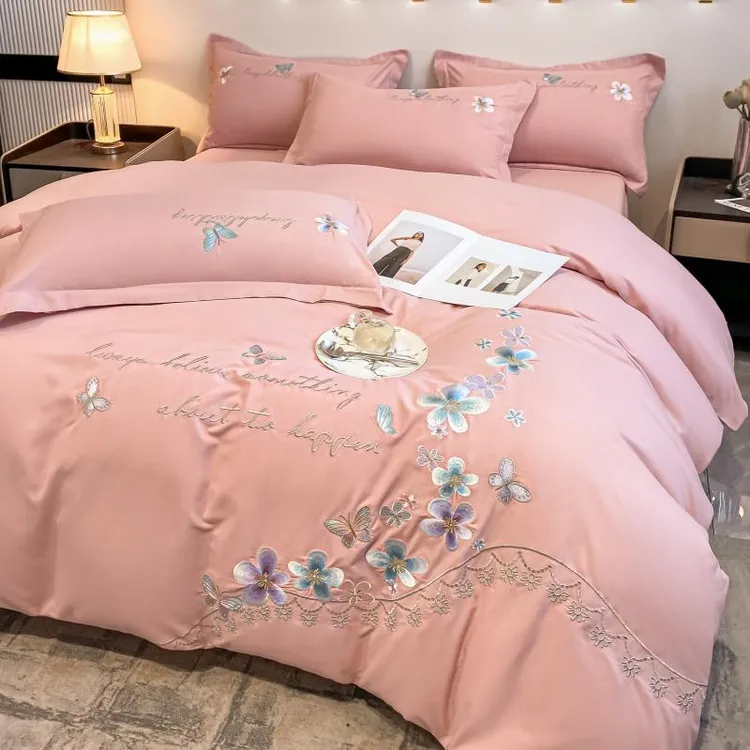 【清仓热卖】2024轻奢新款磨毛刺绣四件套简约公主风非全棉纯棉床上