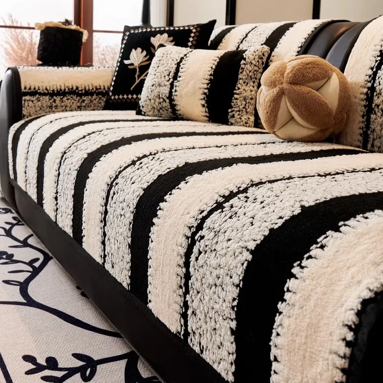 麦颜高级感毛绒沙发垫秋冬加厚固定防滑皮沙发套罩2024款