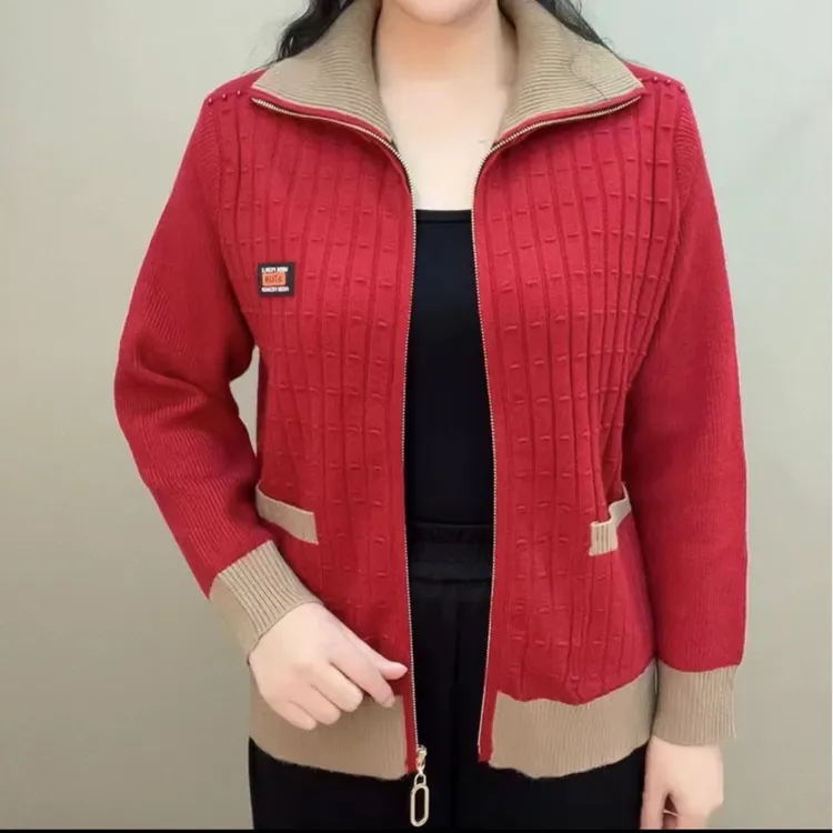 春秋秋季新款时尚洋气中年拉链针织开衫外套百搭遮肚减龄妈妈上衣