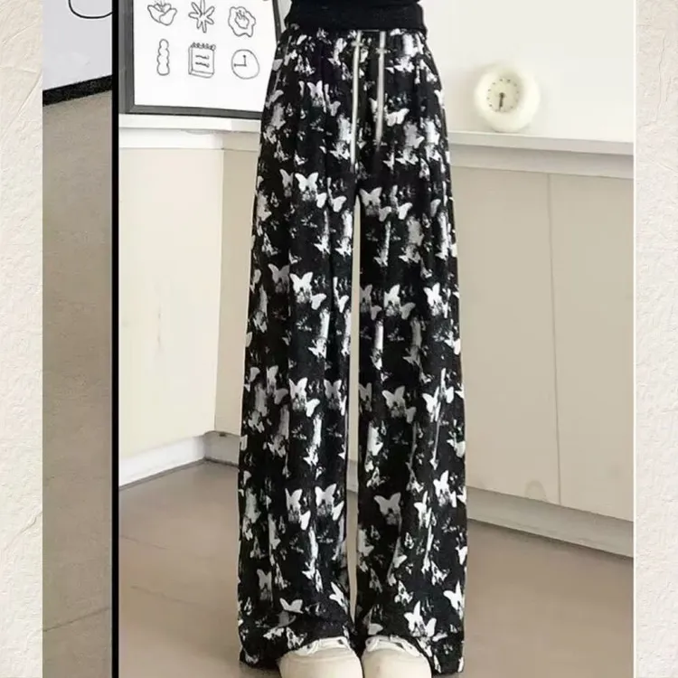 水墨蝴蝶印花阔腿裤女高腰休闲宽松大码直筒裤显瘦百搭垂感遛弯裤