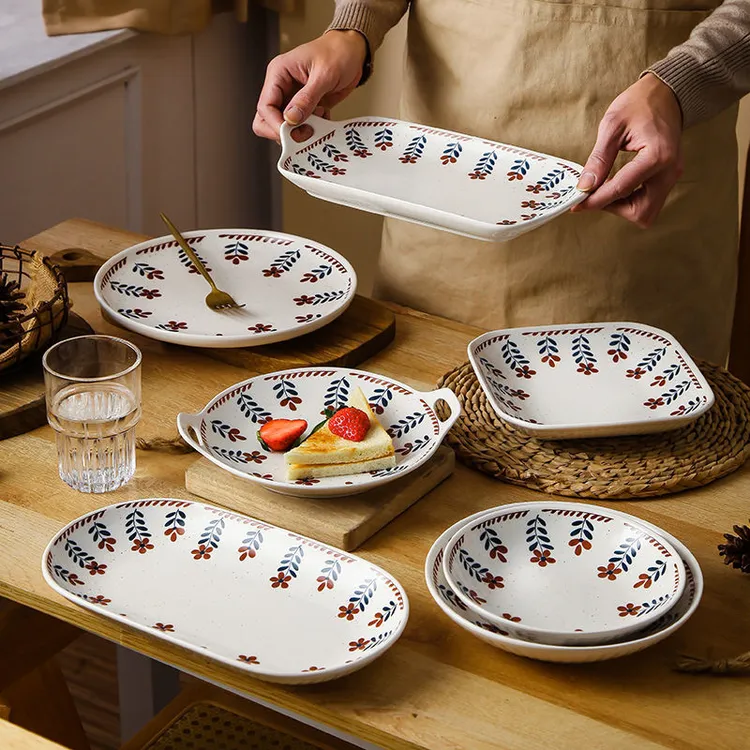 日式家用复古盘子菜盘高颜值网红水果盘釉下彩加厚清蒸长方盘餐具