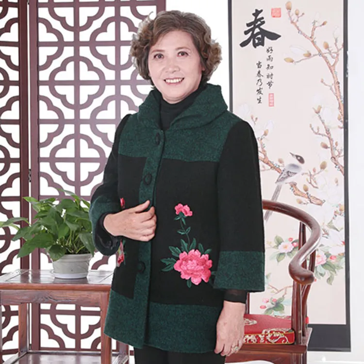 奶奶春秋冬毛呢子大衣七分袖外套60岁80老年人妈妈毛呢老太太上衣