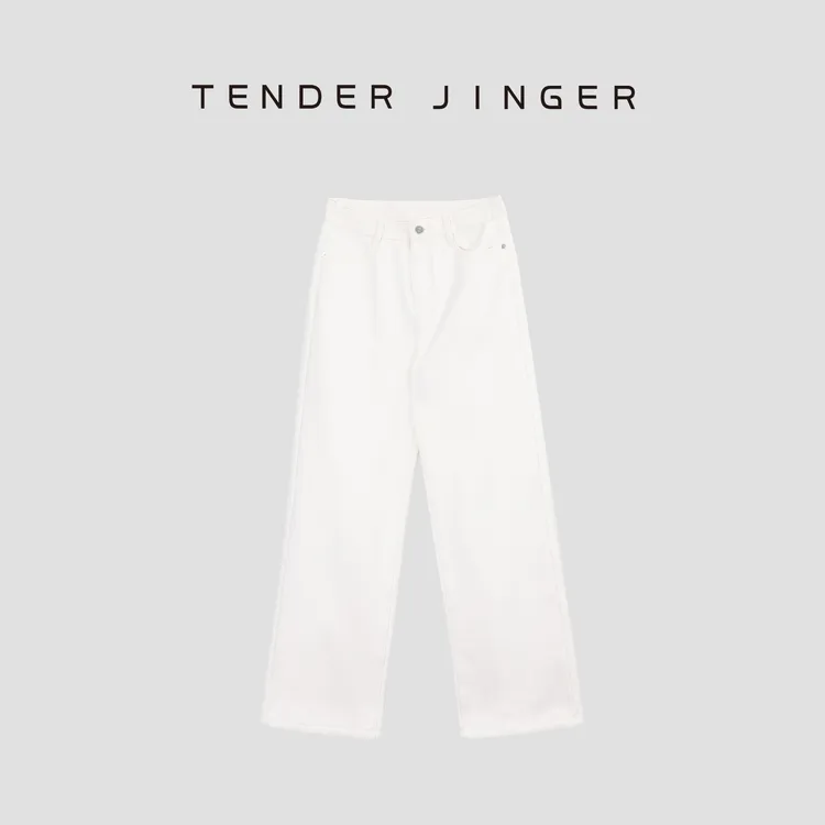 Tender Jinger【黑标】白色休闲百搭牛仔复合牛奶绒直筒裤T44RM103R