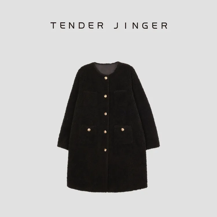Tender Jinger【专柜】圆领双口袋中长款羊毛外套T44PXP79856