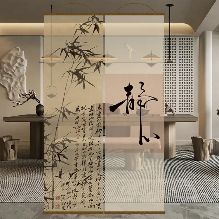 半透禅意纱幔水墨竹山水玄关透景屏风纱卷帘挂帘隔断窗帘透光纱帘