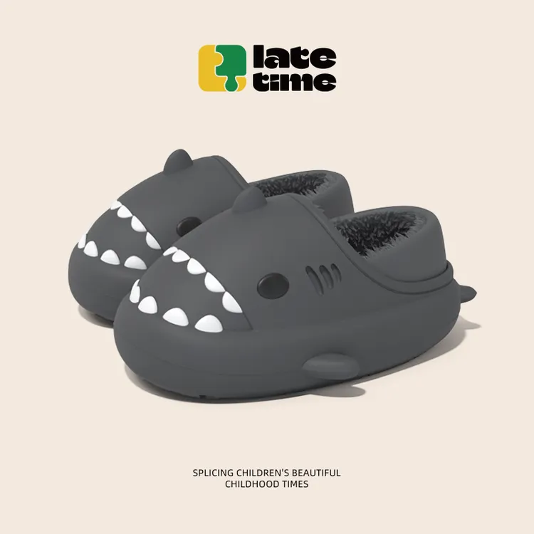 【防水厚绒】彩虹鲨鱼儿童棉拖鞋冬季女童可爱公主室内包跟家居毛绒男宝宝拖鞋