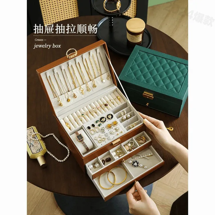 新款盒多层大容量带锁珠宝盒耳饰饰品桌面抽屉式收纳盒