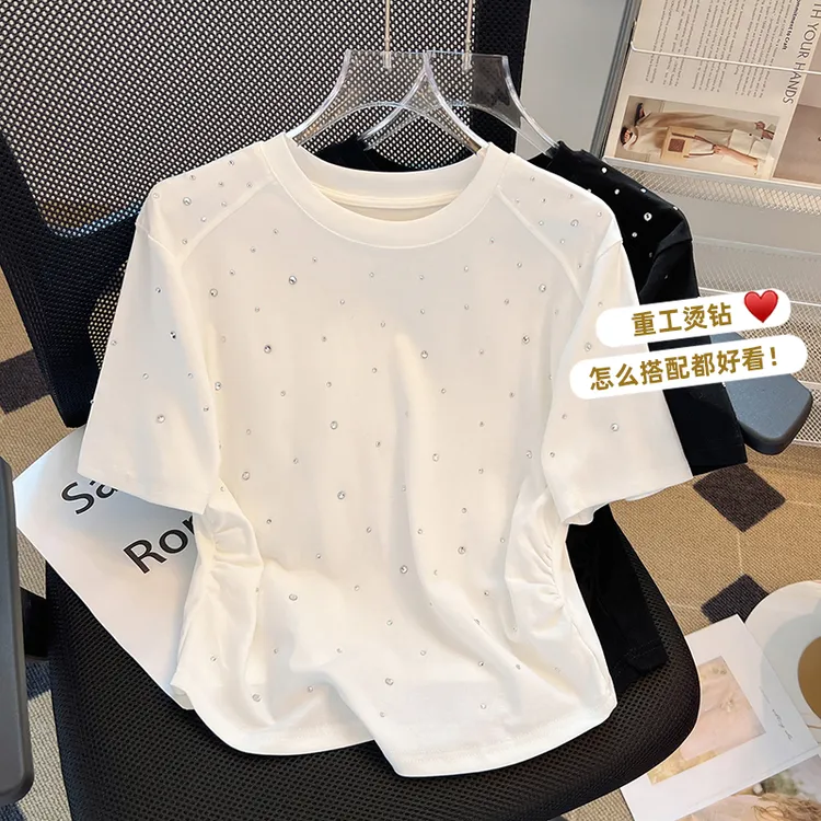 小心机白色圆领正肩短袖T恤女2025夏季新款修身显瘦褶皱短款上衣