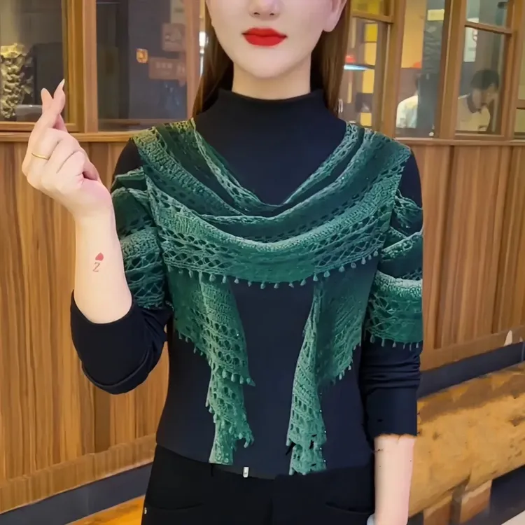 时尚双面澳绒披肩印花长袖上衣女秋冬半高领洋气显瘦保暖打底衫