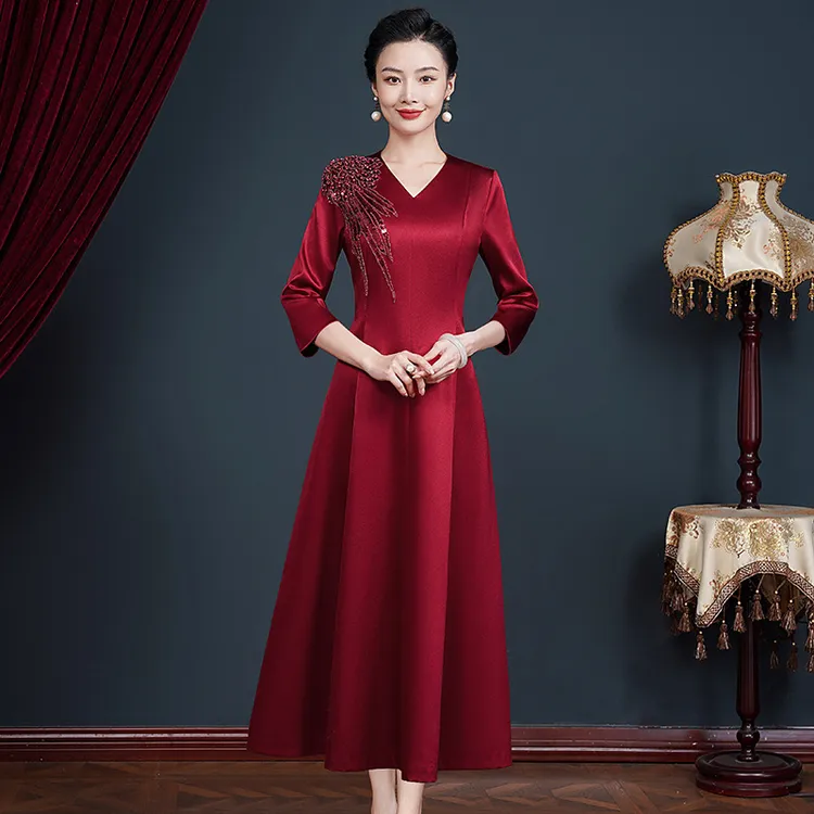 【长款+短款】高端缎面喜妈妈礼服裙年轻时尚气质喜婆婆婚宴连衣裙J