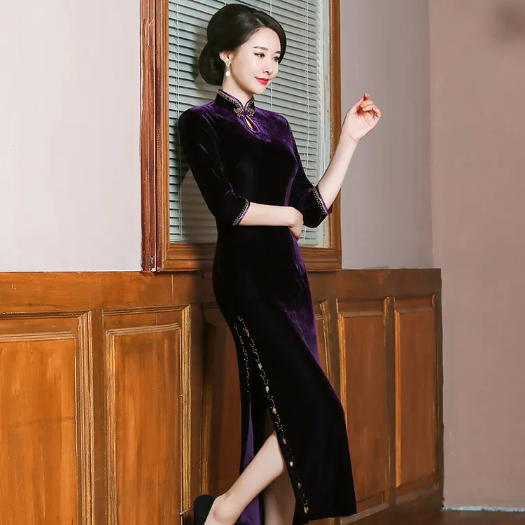 春夏婚宴钉珠丝绒旗袍改良复古修身礼服时尚妈妈旗袍裙大码M