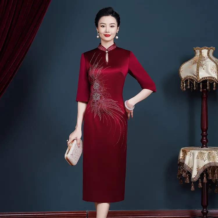 【多色且后开叉】进口三醋酸改良旗袍喜妈妈婆婆婚宴礼服裙敬酒服Y