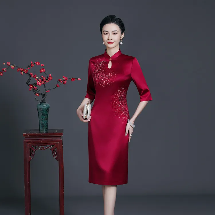 进口三醋酸改良旗袍裙不开叉中小个喜婆婆婚宴装妈妈婚礼服修身Y