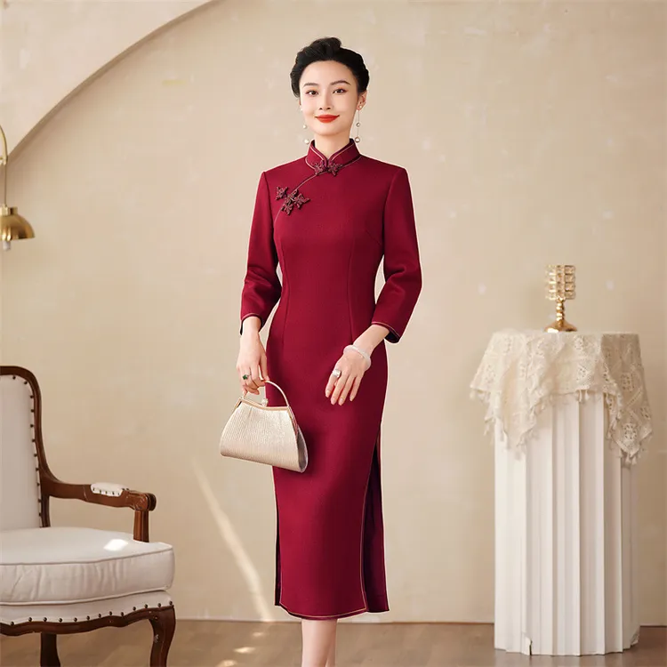 冬季保暖高档金丝羊毛呢旗袍酒红中国风喜婆婆喜妈妈连衣裙HQ
