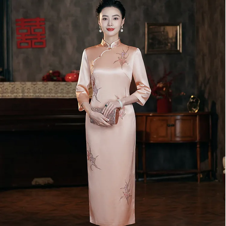 喜妈妈婚宴（多色）香槟粉进口三醋酸喜婆婆旗袍礼服年轻时尚日常N