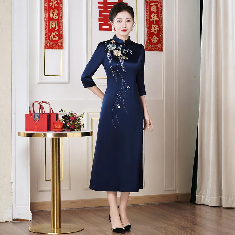 进口三醋酸正品苏绣改良旗袍裙喜妈妈婆婆婚宴礼服时尚气质优雅N