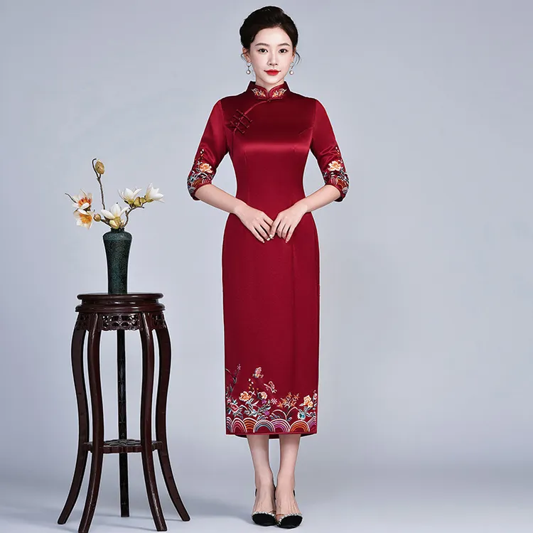 苏绣高档三醋酸【多色】喜婆婆秋冬旗袍妈妈敬酒服高级感婚宴礼服L