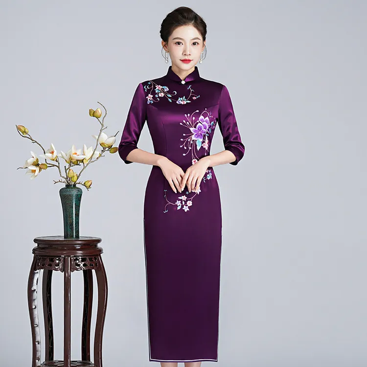 喜妈妈喜婆婆婚宴礼服春夏修身宴会高档紫色改良旗袍结婚连衣裙L