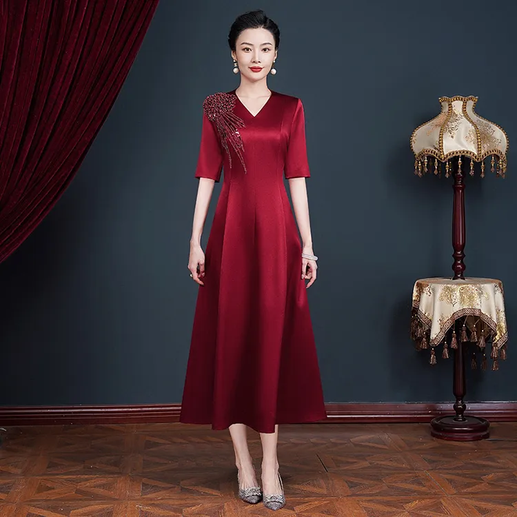 【长款+短款】高端缎面喜妈妈礼服裙年轻时尚气质喜婆婆婚宴连衣裙J