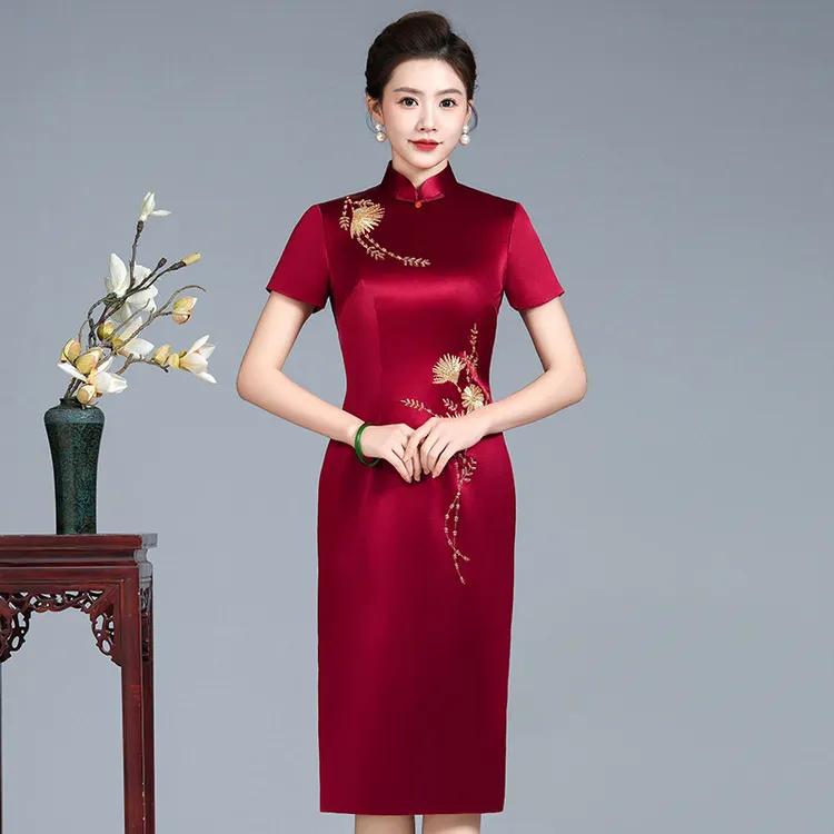 中长款短袖合集（多色）进口三醋酸苏绣旗袍小个喜婆婆妈婚宴礼服L