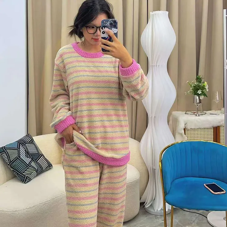 （秋冬新款）半边绒少女睡衣套装加厚大码家居服韩版慵懒风条纹学生