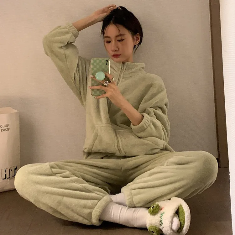 网红风睡衣冬季女款加厚珊瑚绒家居服套装拉链可外穿居家服法兰绒