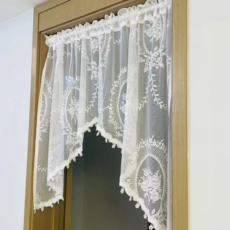 法式复古门帘拱形洛可可半帘蕾丝纱帘白色短帘穿杆款轻奢半帘