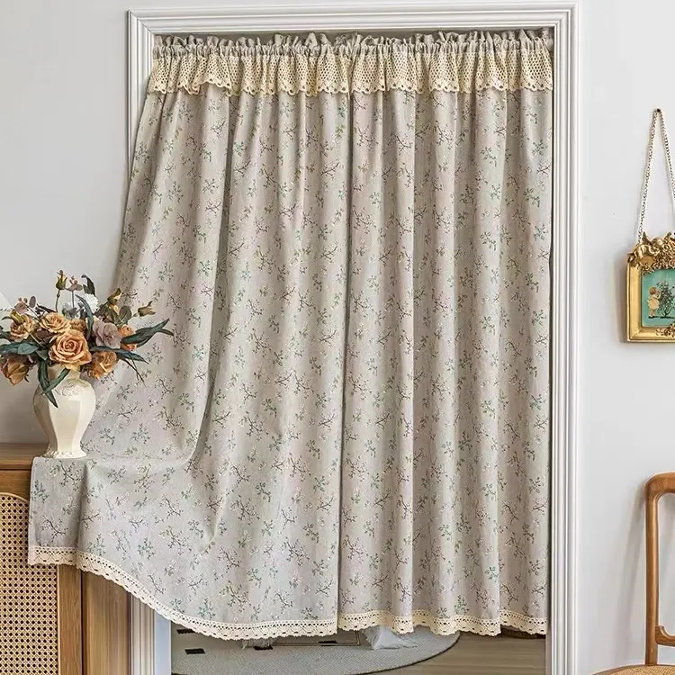 法式小草花棉麻美式北欧门帘隔断帘免打孔伸缩杆简易落地防蚊