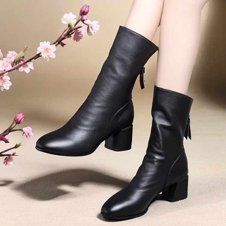 n2024秋冬新款百搭时尚真皮粗跟圆头中筒靴英伦秋冬季加绒女靴