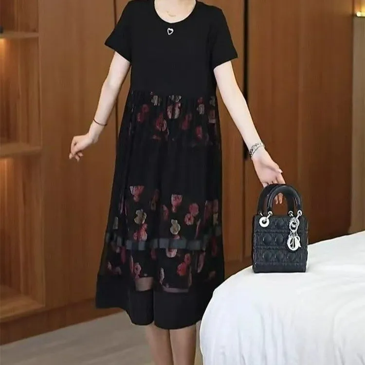 夏季连衣裙大码夏季女装圆领短袖时尚宽松洋气印花拼接网纱妈妈装