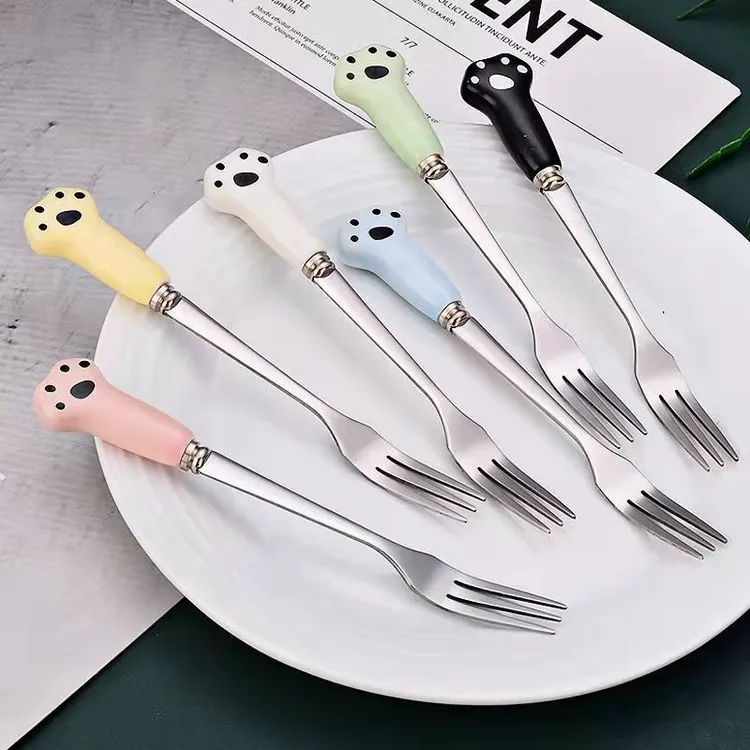 【发5支】一色一支不锈钢水果叉猫爪可爱创意水果叉月饼签蛋糕叉子