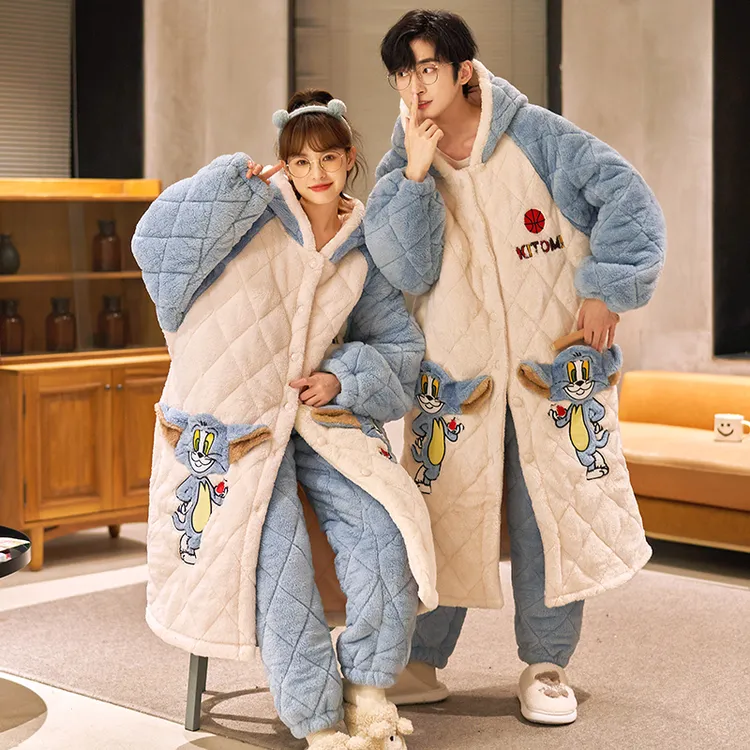 盈姿伴侣情侣睡衣冬季珊瑚绒三层加绒加厚保暖睡袍冬天长款家居服