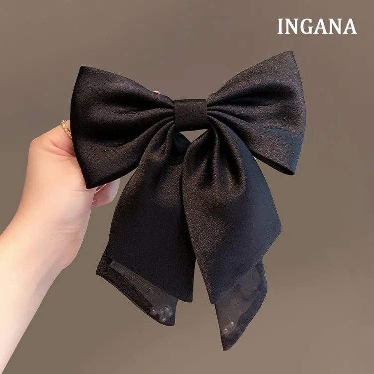 韩版气质缎面发夹黑色蝴蝶结时尚百搭弹簧夹新款轻奢复古盘发发夹