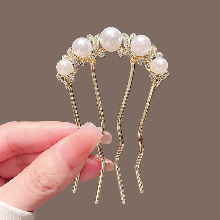 发簪u型盘发神器发钗簪子女珍珠四齿插梳u型夹丸子头发插发梳发夹